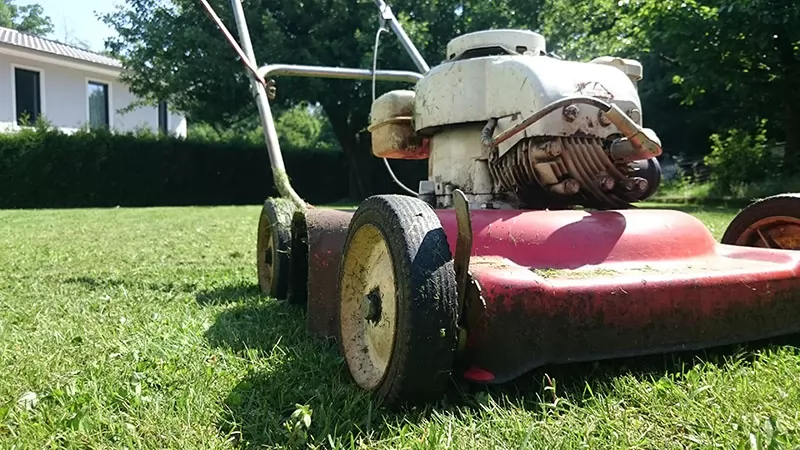 Red Old Lawnmower in a Green Garden